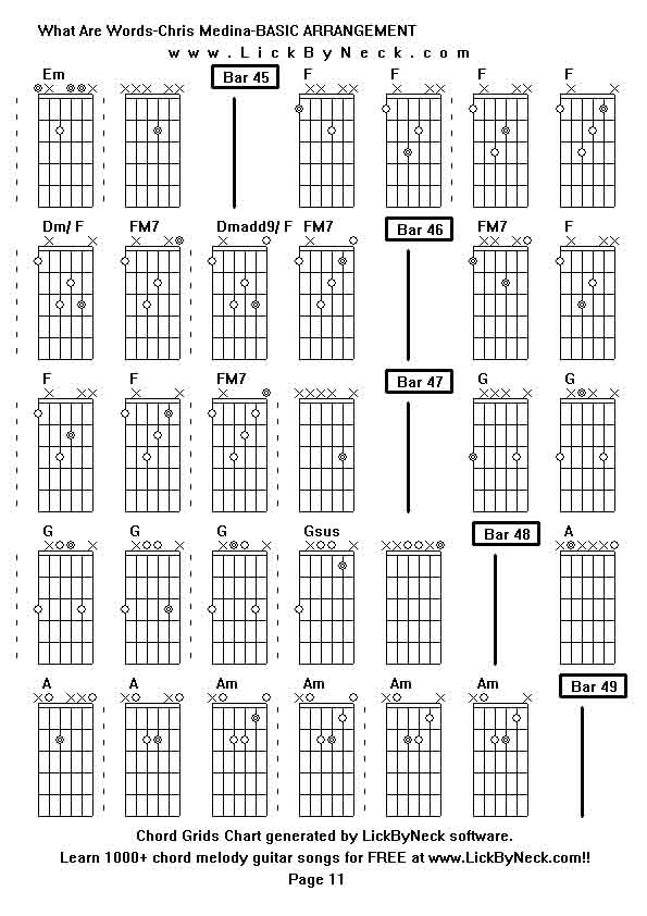 Chord Grids Chart of chord melody fingerstyle guitar song-What Are Words-Chris Medina-BASIC ARRANGEMENT,generated by LickByNeck software.